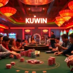 Experience the thrill of KUWIN with high-stakes poker chips and enthusiastic players at a vibrant casino.