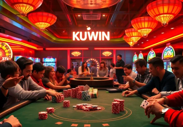 Experience the thrill of KUWIN with high-stakes poker chips and enthusiastic players at a vibrant casino.