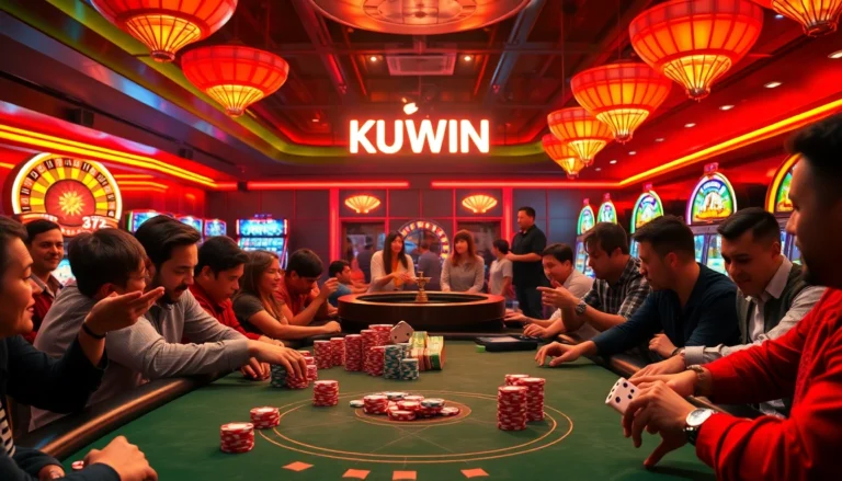 Experience the thrill of KUWIN with high-stakes poker chips and enthusiastic players at a vibrant casino.