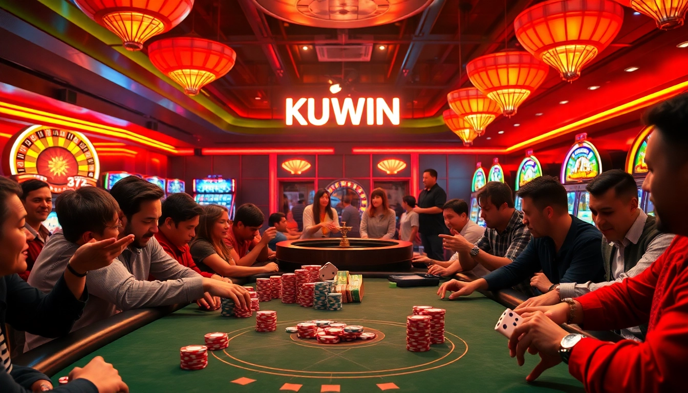 Experience the thrill of KUWIN with high-stakes poker chips and enthusiastic players at a vibrant casino.