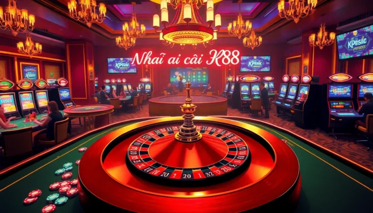 Players enjoying roulette and blackjack at Nhà cái KP88 casino, filled with vibrant gaming elements and excitement.