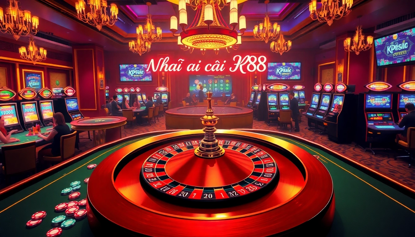 Players enjoying roulette and blackjack at Nhà cái KP88 casino, filled with vibrant gaming elements and excitement.